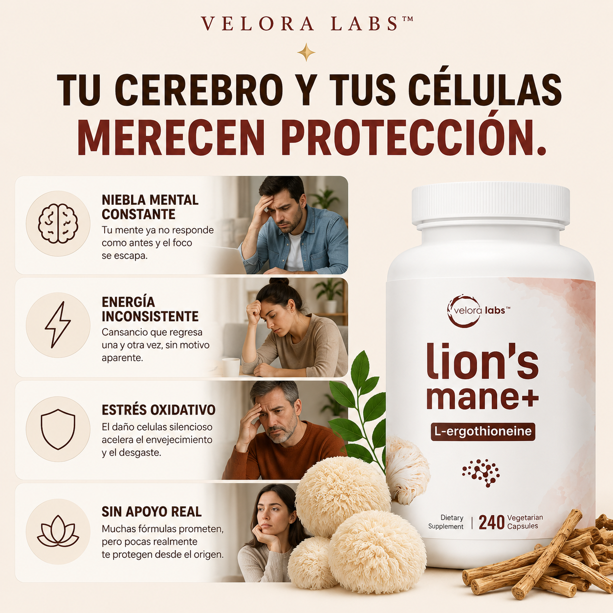 VELORA LABS™ Lion's Mane + L-Ergothioneine | 240 Cápsulas