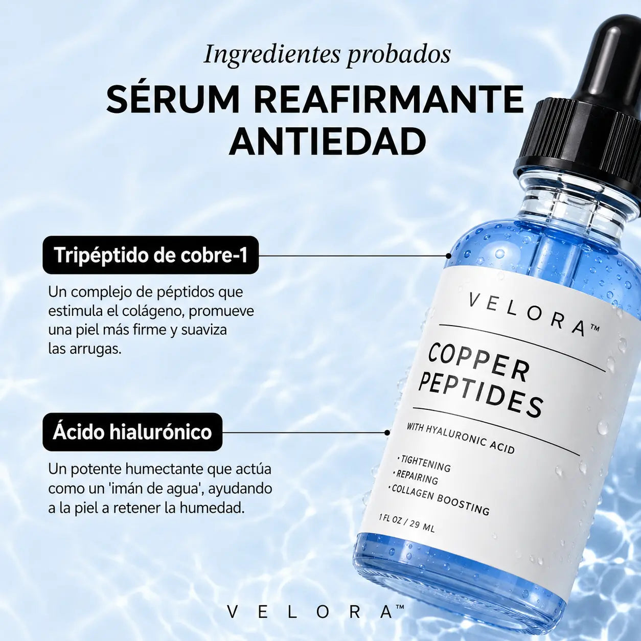 VELORA™ Sérum de Péptido de Cobre + GHK + Ácido Hialurónico